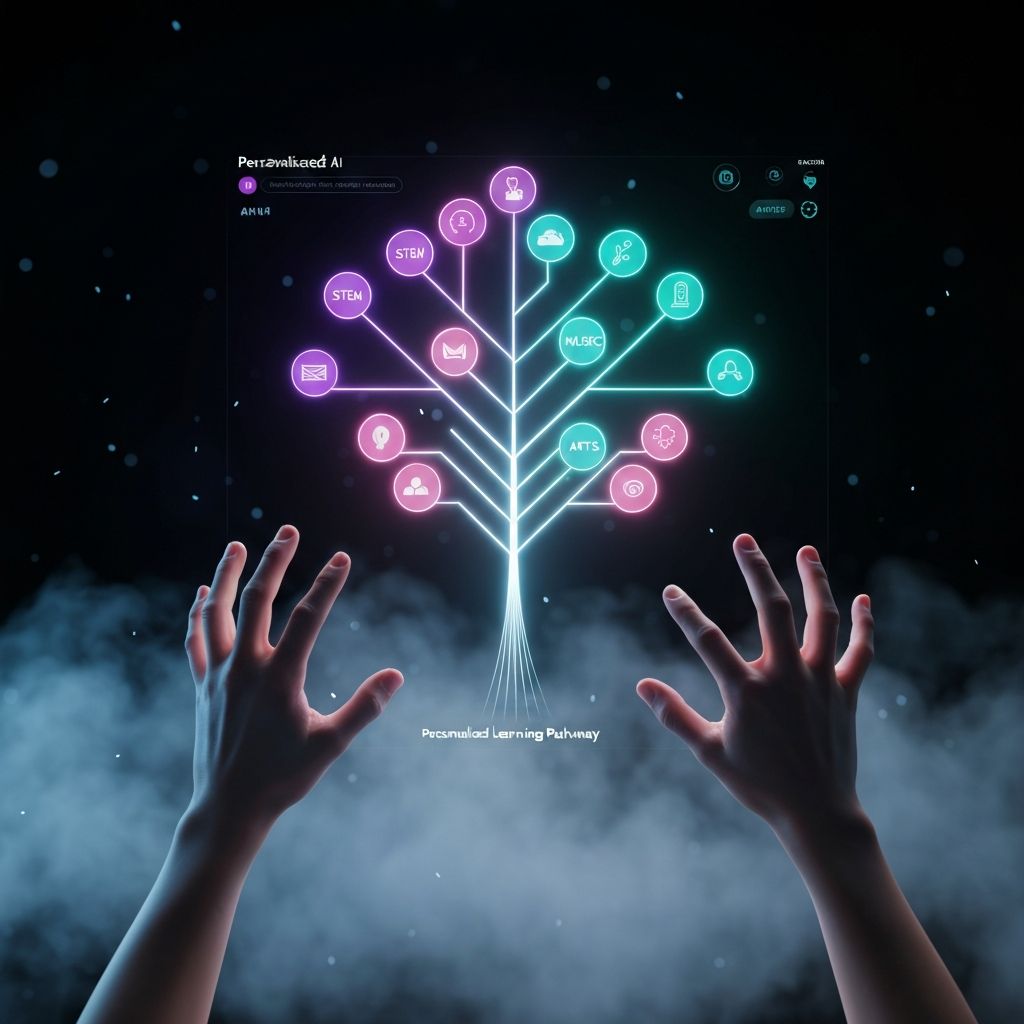 Holographic AI interface displaying personalized learning pathways as a luminous branching tree of light