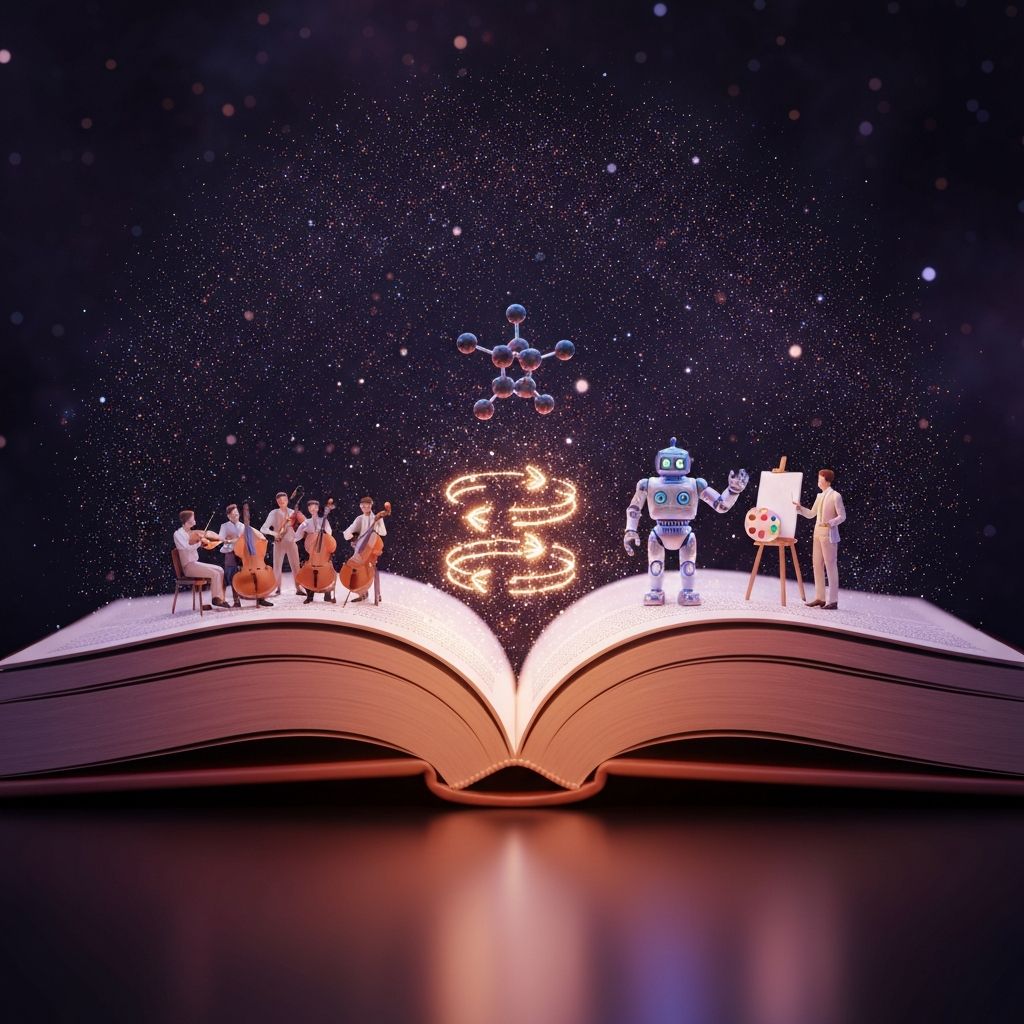 An open book transforming into a portal of immersive learning experiences with luminous miniature worlds