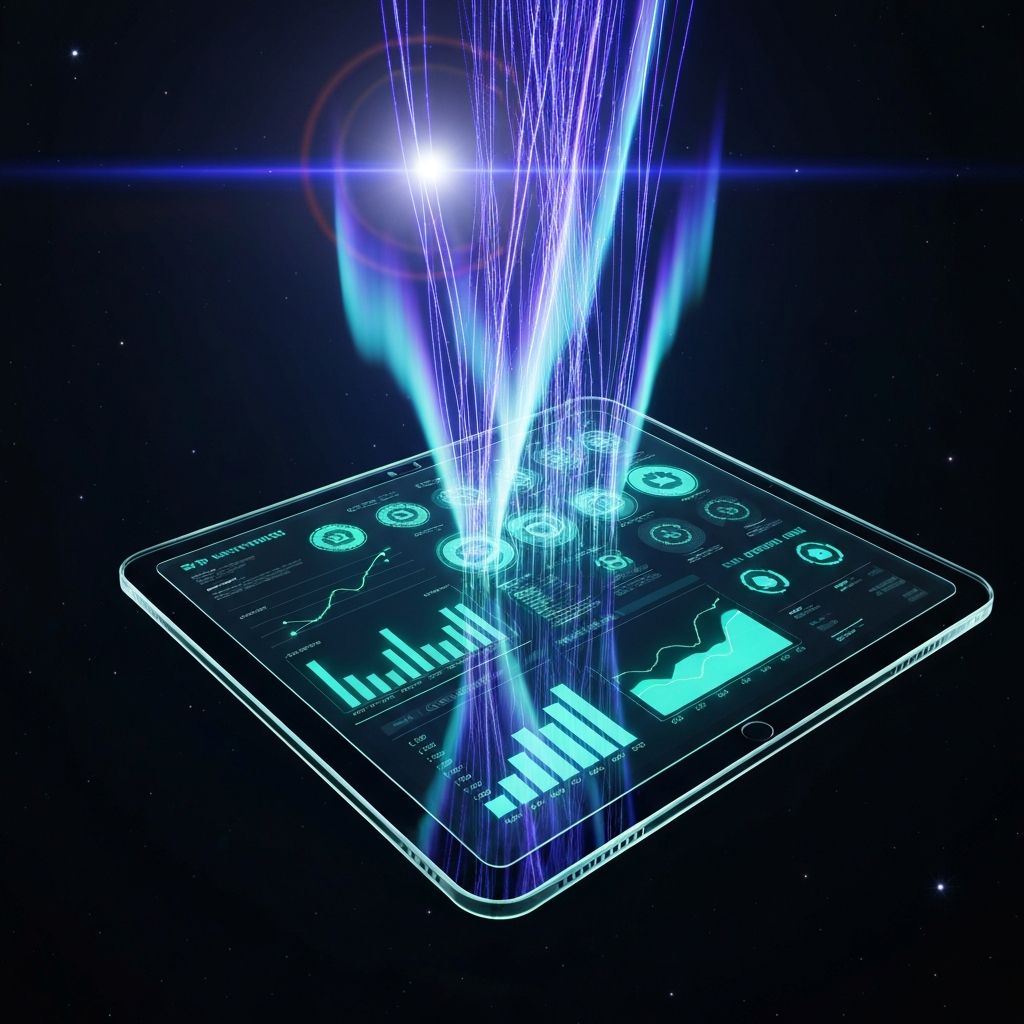 Futuristic glass tablet floating in space displaying real-time learning analytics with glowing charts