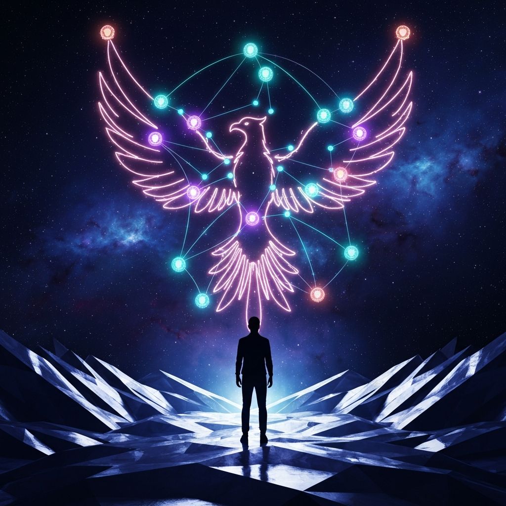 A person standing on a crystal platform looking up at a constellation map of their learning journey forming a rising phoenix